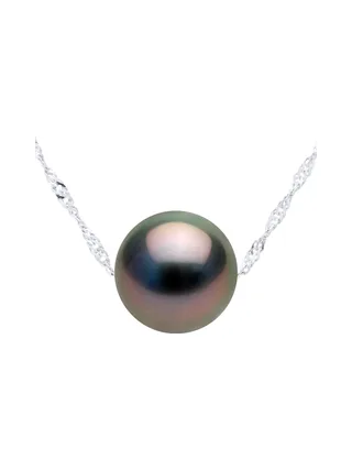 Collier Maille Singapour Véritable Perle de Tahiti Ronde 9-10 mm — Or Blanc 750 Millièmes — 42 cm 1