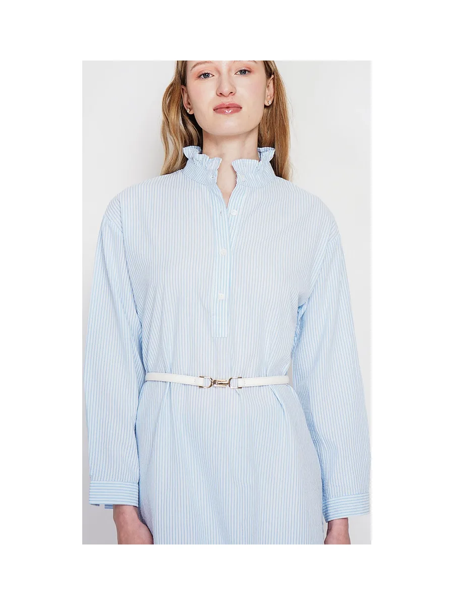 Robe col mao foufou évasée boutonnée devant à manches longues à rayure 17