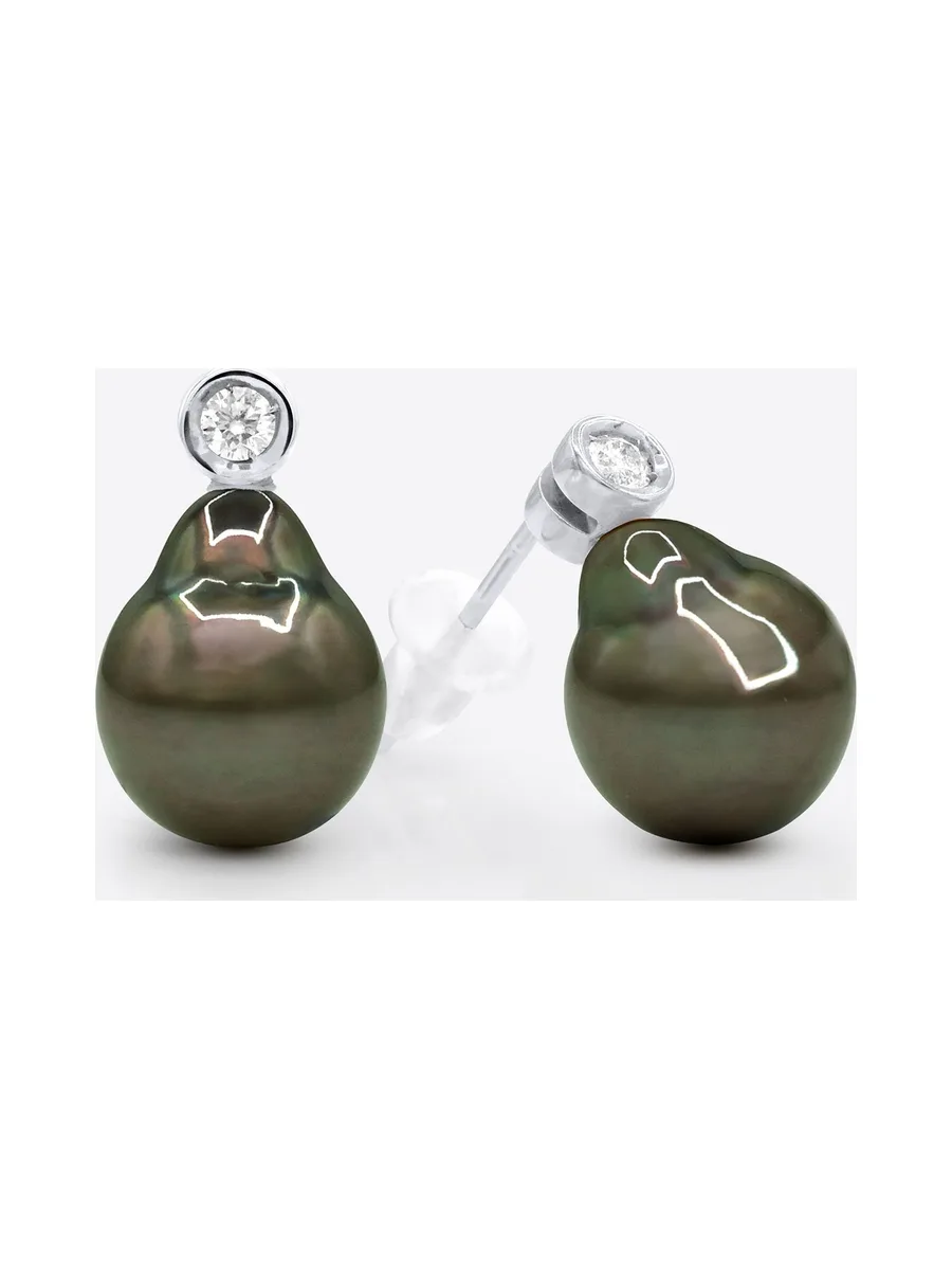 Boucles d'Oreilles Véritables Perles de Tahiti 9-10 mm Diamants 0.04 ct — Or Blanc 375 Millièmes 1