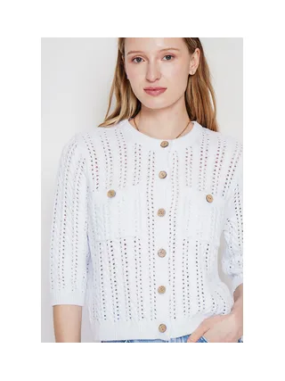 Gilet ajouré col rond boutonné devant avec poches à manches mi-long 5