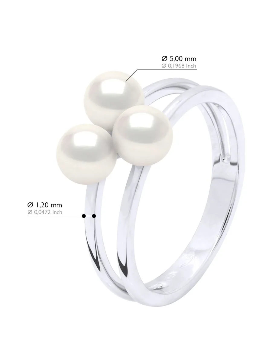 Bague Trilogie Véritables Perles d'Eau Douce Rondes 5-6 mm — Argent 925 Millièmes Rhodié 7