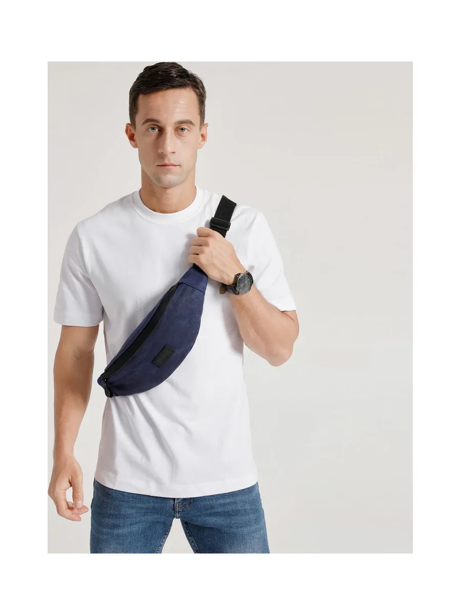 FLO - Sac banane en cuir véritable et toile enduite - Bleu 2