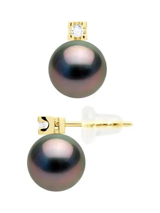 Boucles d'Oreilles Véritables Perles de Tahiti 8-9 mm Diamants 0.04 ct — Or Jaune 750 Millièmes 1
