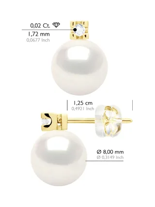 Boucles d'Oreilles Véritables Perles d'Eau Douce 8-9 mm Diamants 0.04 ct — Or Jaune 375 Millièmes 2