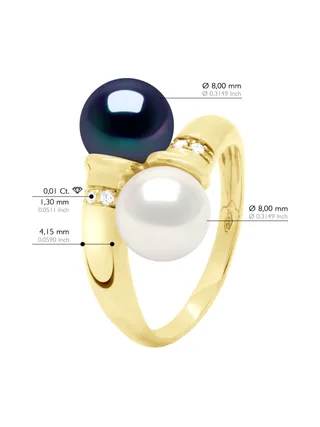 Bague Toi & Moi Véritables Perles d'Eau Douce 8-9 mm Diamants 0.04 ct — Or Jaune 375 Millièmes 2