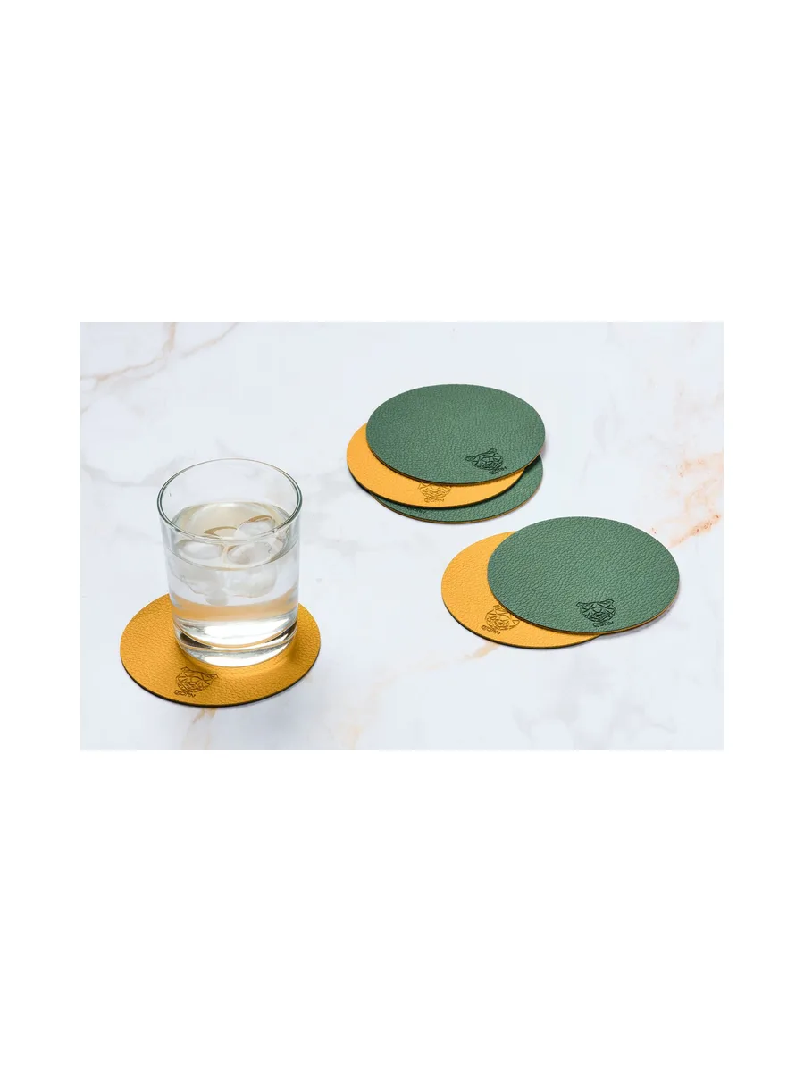 Sous-verre rond réversible - 6 pièces - Cuir recyclé blanc crème et vert de gris 16