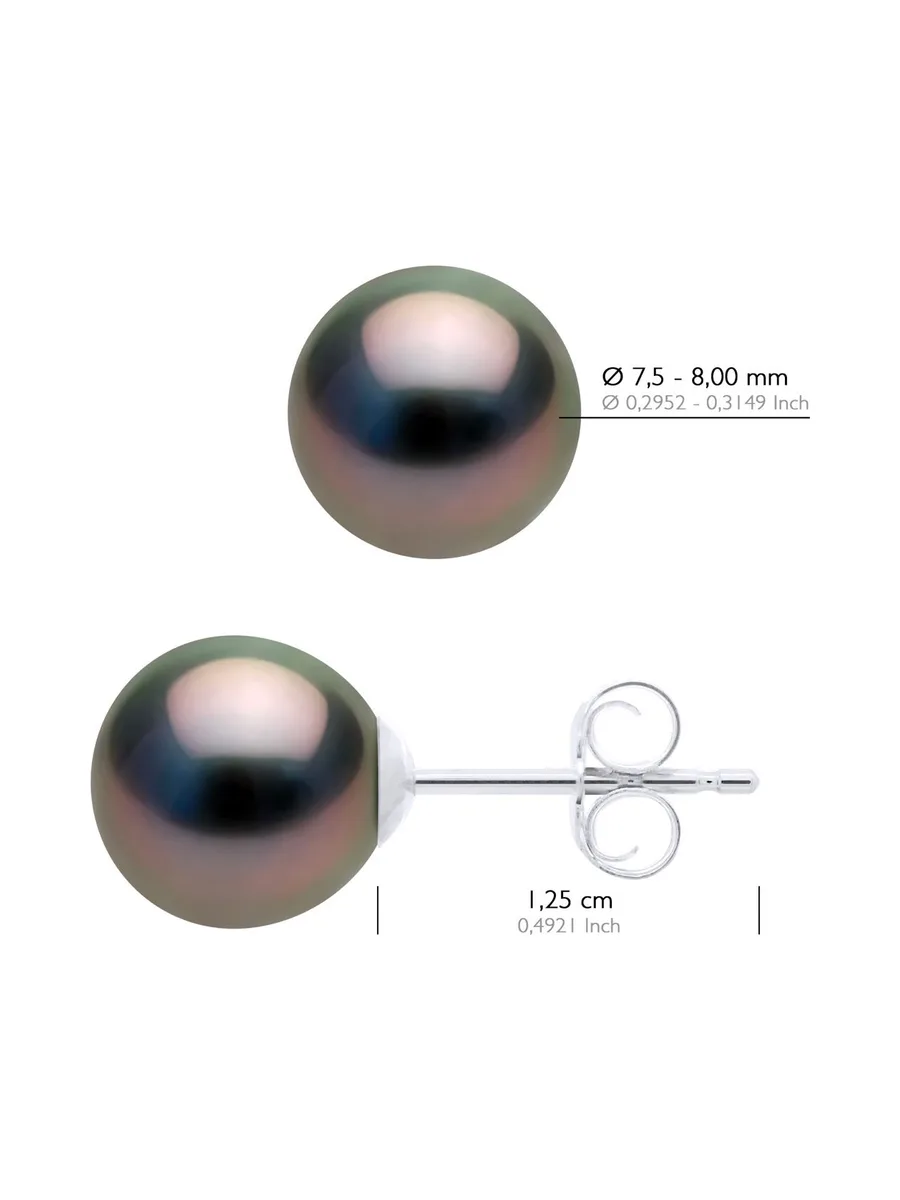 Boucles d'Oreilles Véritables Perles de Tahiti Semi-Rondes 7.5-8 mm — Or Blanc 375 Millièmes 2