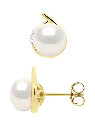 Boucles d'Oreilles Véritables Perles d'Eau Douce 7-8 mm Diamants 0.06 ct — Or Jaune 375 Millièmes 3