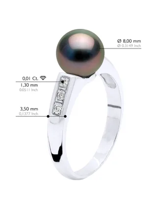 Bague Véritable Perle de Tahiti Ronde 8-9 mm Diamant 0.06 ct — Or Blanc 375 Millièmes 2