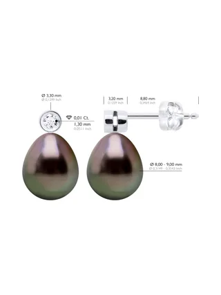 Boucles d'Oreilles Véritables Perles de Tahiti 9-10 mm Diamants 0.04 ct — Or Blanc 375 Millièmes 2