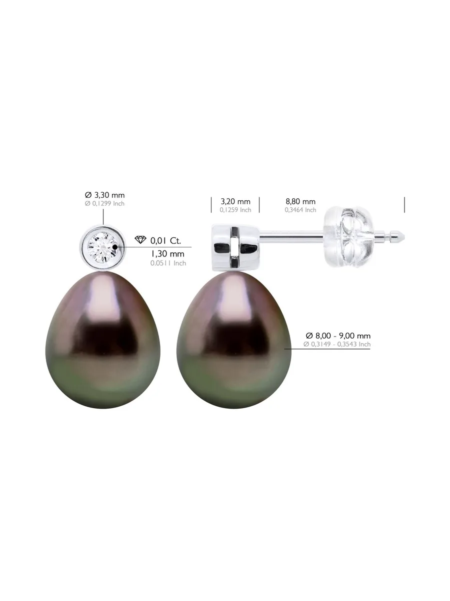 Boucles d'Oreilles Véritables Perles de Tahiti 9-10 mm Diamants 0.04 ct — Or Blanc 375 Millièmes 2