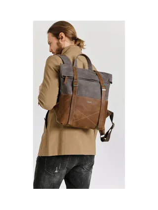 NES - Sac à dos en cuir véritable et toile enduite - Bleu 18