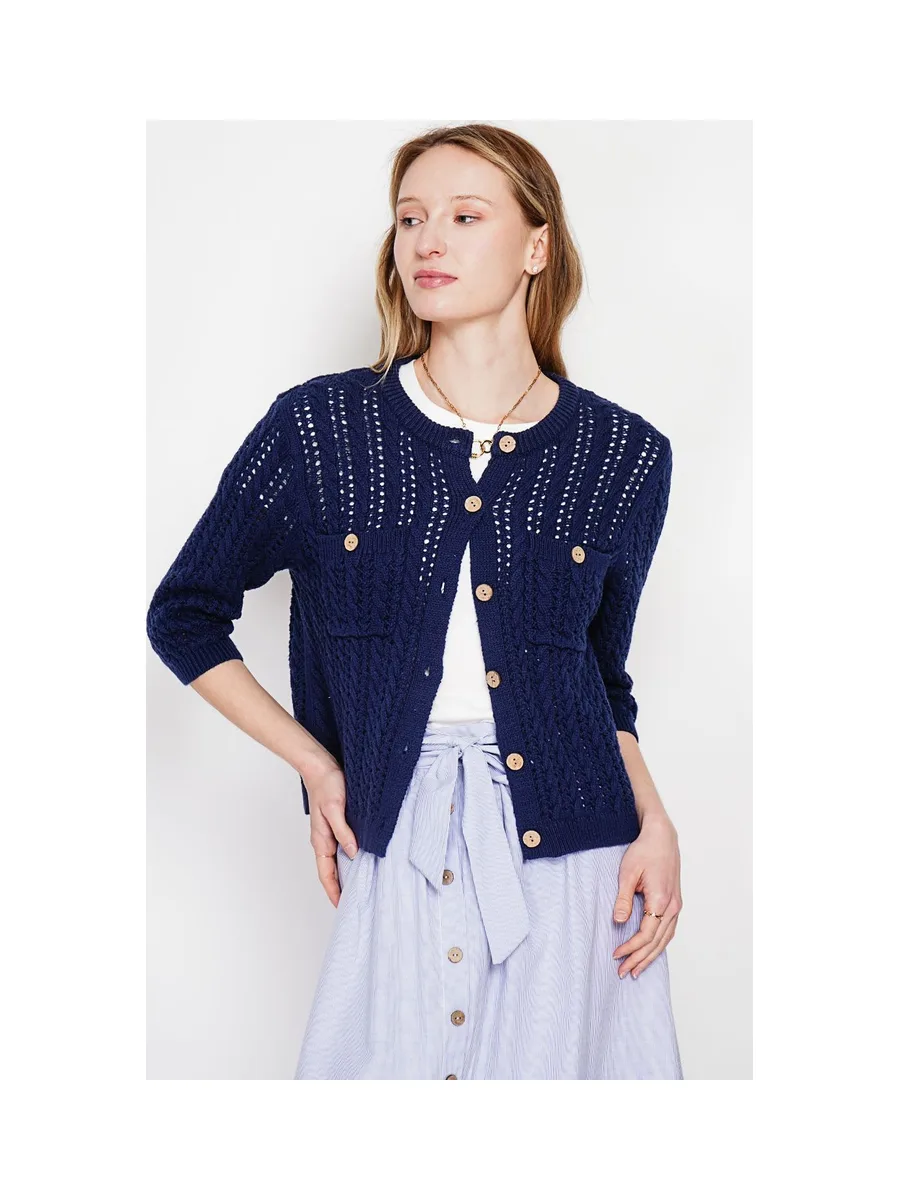 Gilet ajouré col rond boutonné devant avec poches à manches mi-long 12