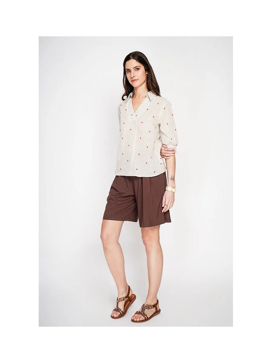 Blouse col chemise à rayure en coeur devant croisé en trapèze à manche 3/4 8