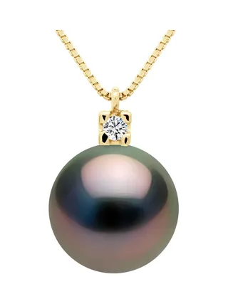 Collier Véritable Perle de Tahiti Ronde 9-10 mm Diamants 0.02 ct — Or Jaune 375 Millièmes — 42 cm 1