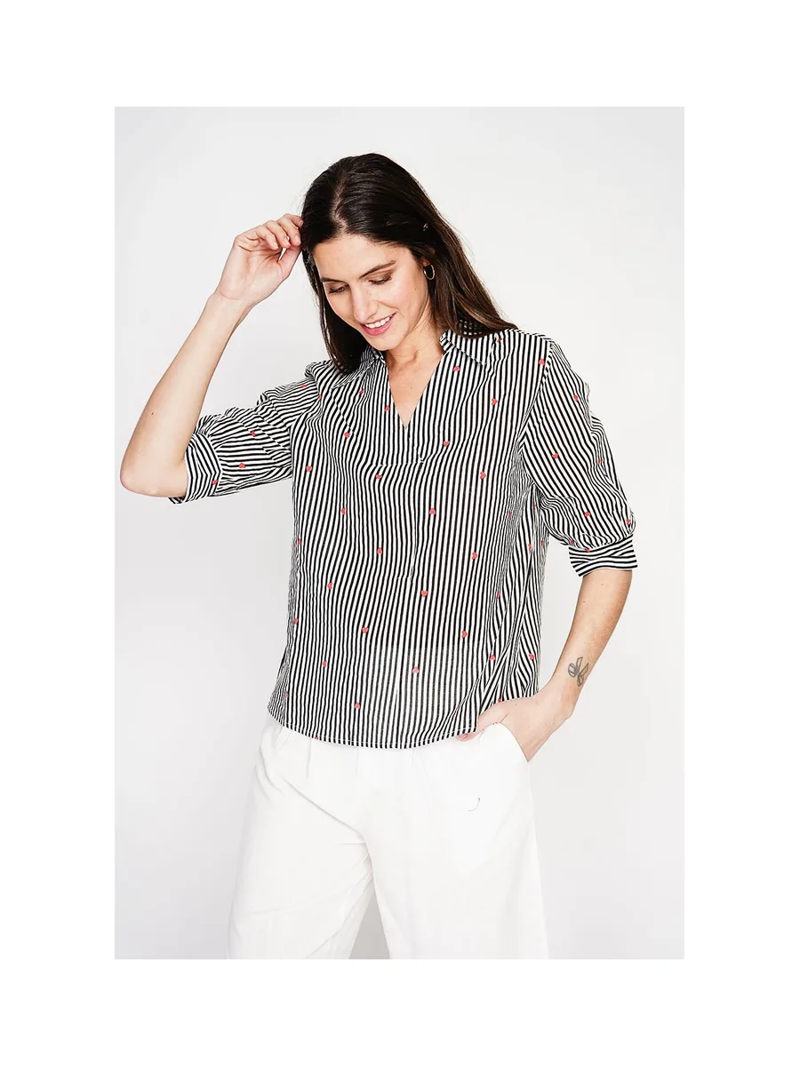 Blouse col chemise à rayure en coeur devant croisé en trapèze à manche 3/4 9
