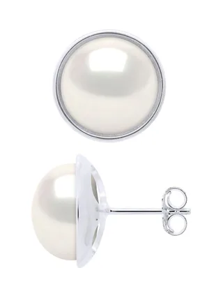 Boucles d'Oreilles Véritables Perles d'Eau Douce Bouton 10-11 mm — Or Blanc 375 Millièmes 4