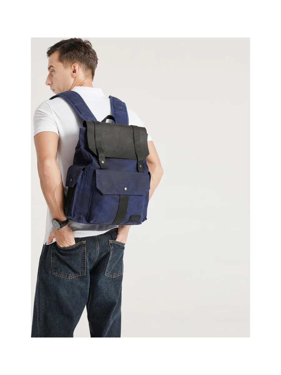 ALI - Sac à dos en cuir véritable et toile enduite - Bleu 35