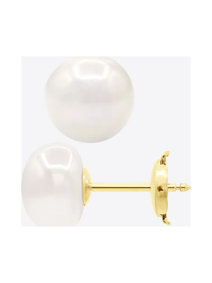 Boucles d'Oreilles Véritables Perles d'Eau Douce Bouton 9-10 mm — Or Jaune 375 Millièmes 5