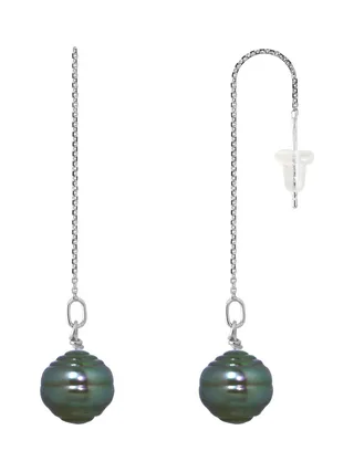Boucles d'Oreilles Pendantes Véritables Perles de Tahiti Cerclées 9-10 mm — Or Blanc 375 Millièmes 1