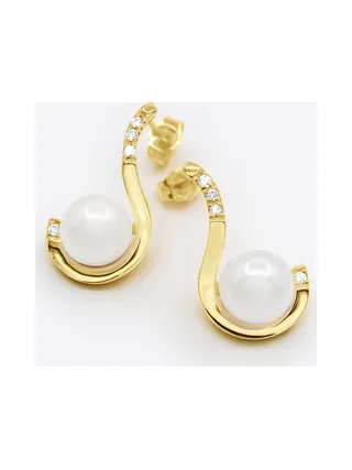 Boucles d'Oreilles Véritables Perles d'Eau Douce 7-8 mm Diamants 0.08 ct — Or Blanc 375 Millièmes 1