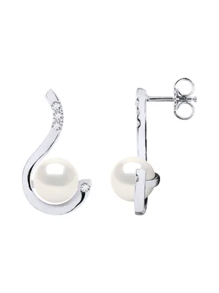 Boucles d'Oreilles Véritables Perles d'Eau Douce 7-8 mm Diamants 0.08 ct — Or Blanc 375 Millièmes 2