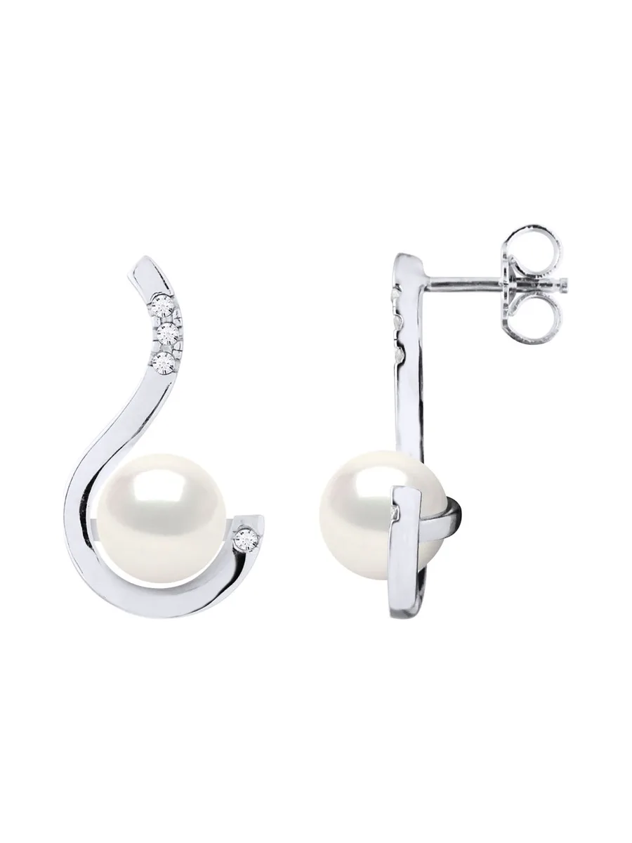 Boucles d'Oreilles Véritables Perles d'Eau Douce 7-8 mm Diamants 0.08 ct — Or Blanc 375 Millièmes 2