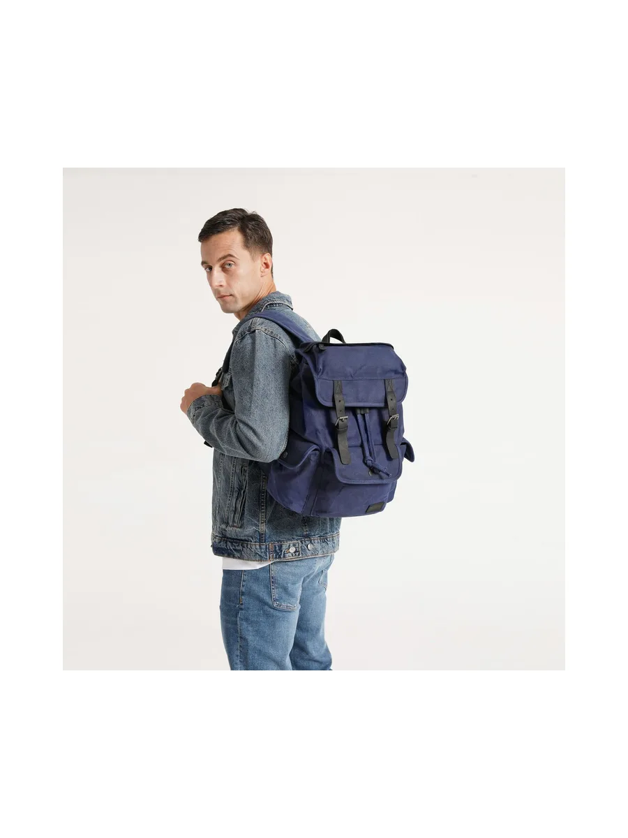 BILL - Sac à dos en cuir véritable et toile enduite - Bleu 35