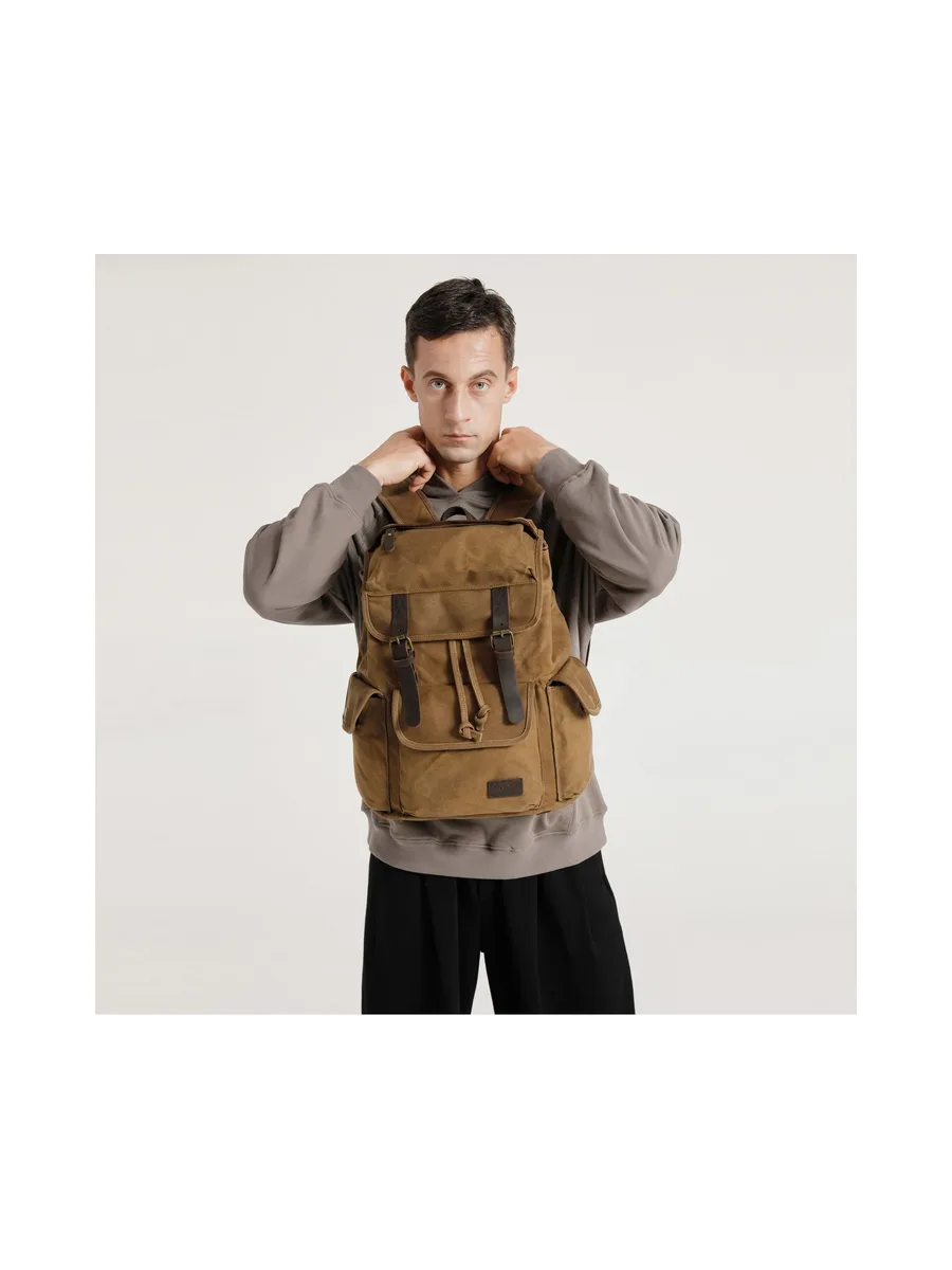 BILL - Sac à dos en cuir véritable et toile enduite - Bleu 50
