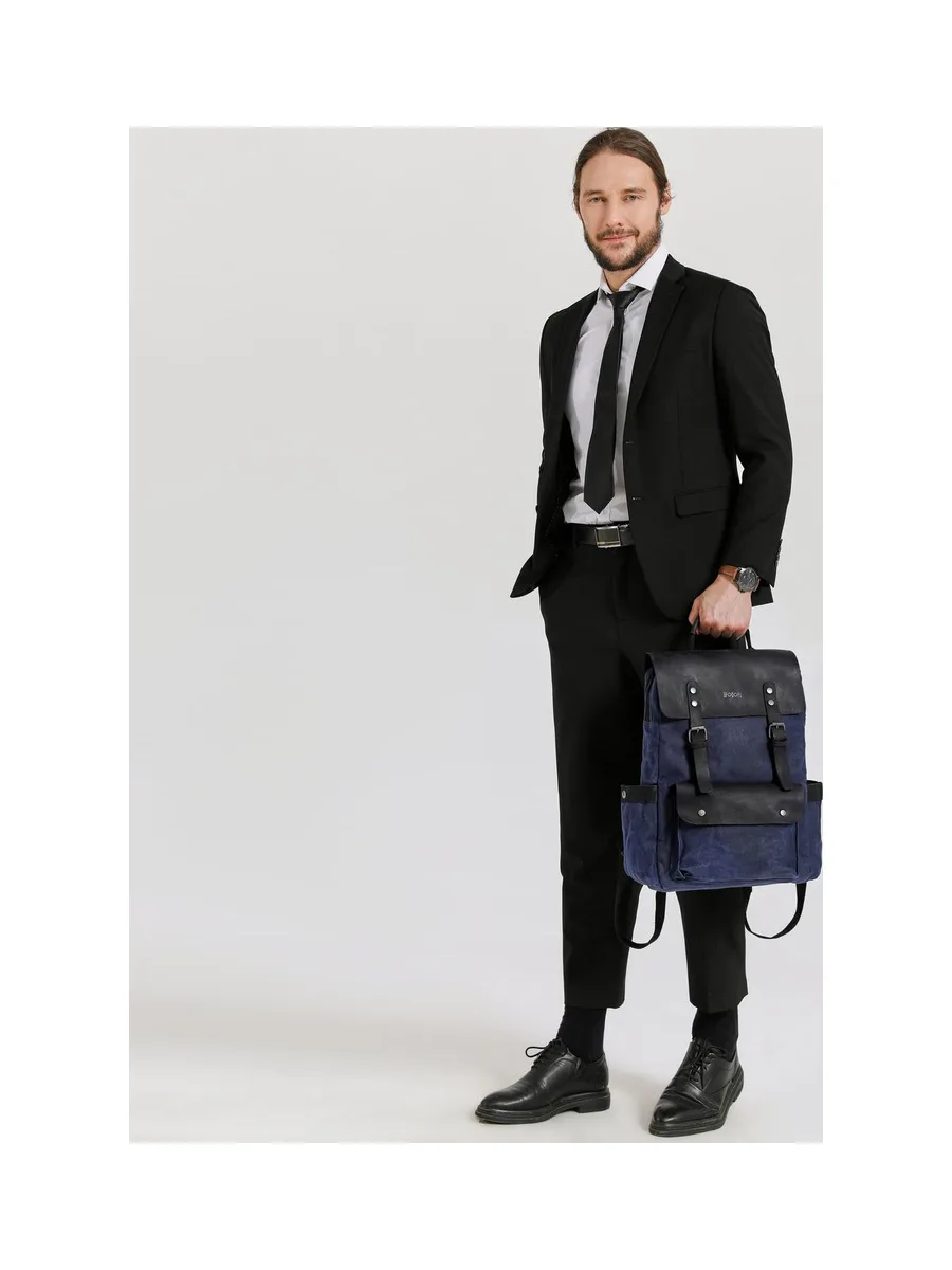 ED - Sac à dos en cuir véritable et toile enduite - Bleu 40