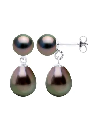 Boucles d'Oreilles Véritables Perles de Tahiti Poires 9-10 mm — Or Blanc 375 Millièmes 4