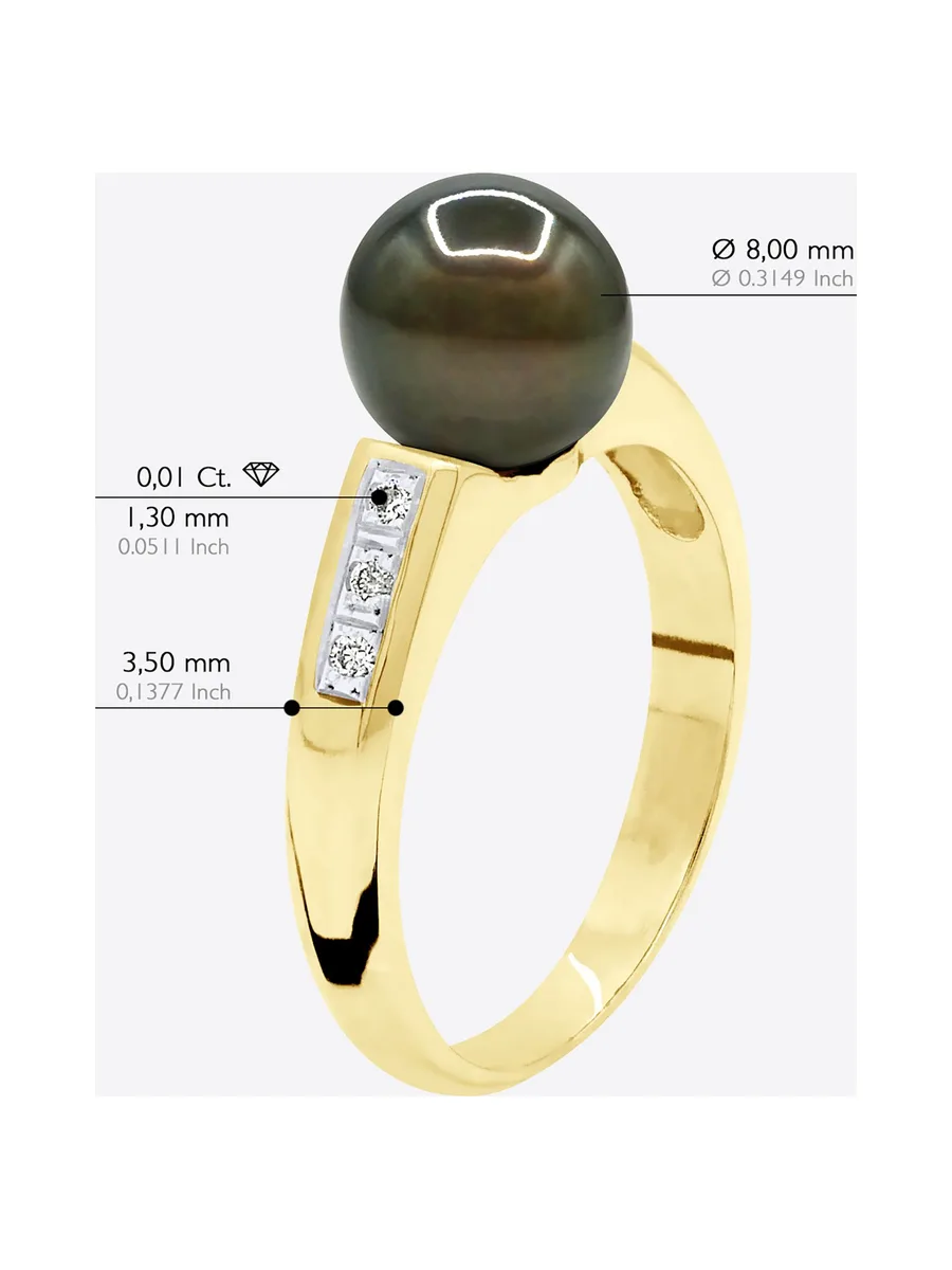 Bague Véritable Perle de Tahiti Ronde 8-9 mm Diamant 0.06 ct — Or Jaune 375 Millièmes 5