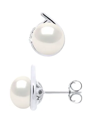 Boucles d'Oreilles Véritables Perles d'Eau Douce 7-8 mm Diamants 0.06 ct — Or Blanc 375 Millièmes 4