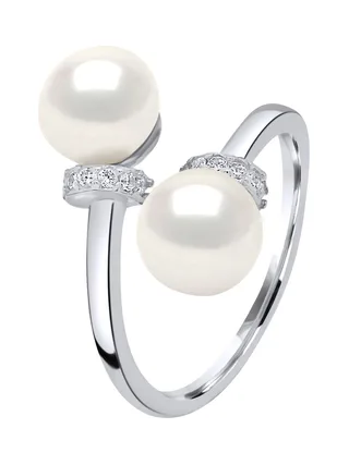 Bague Toi & Moi Véritables Perles d'Eau Douce Boutons 7-8 mm — Argent 925 Millièmes Rhodié 1