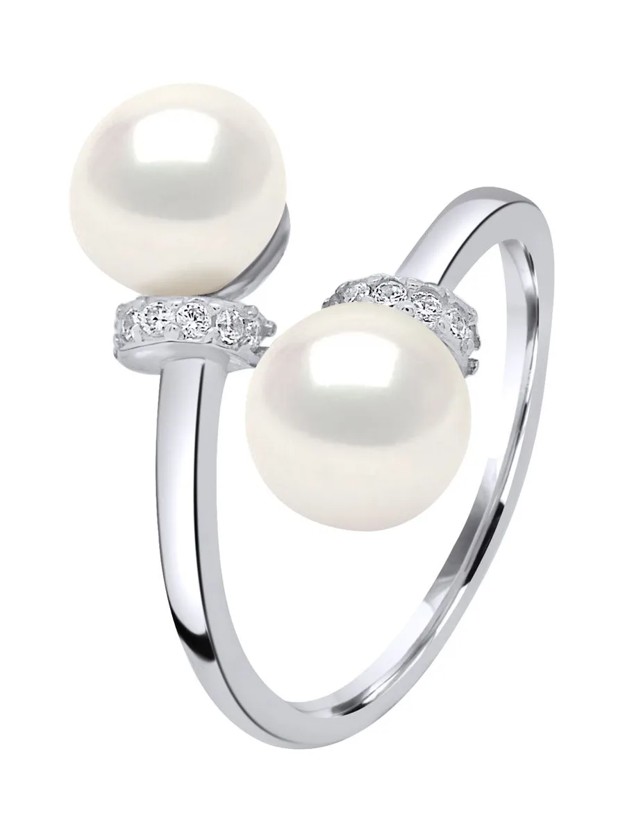 Bague Toi & Moi Véritables Perles d'Eau Douce Boutons 7-8 mm — Argent 925 Millièmes Rhodié 1