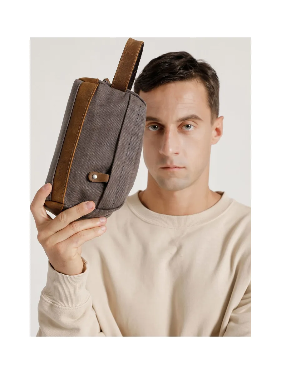 TONY - Trousse de toilette en cuir véritable et toile enduite - Bleu 50