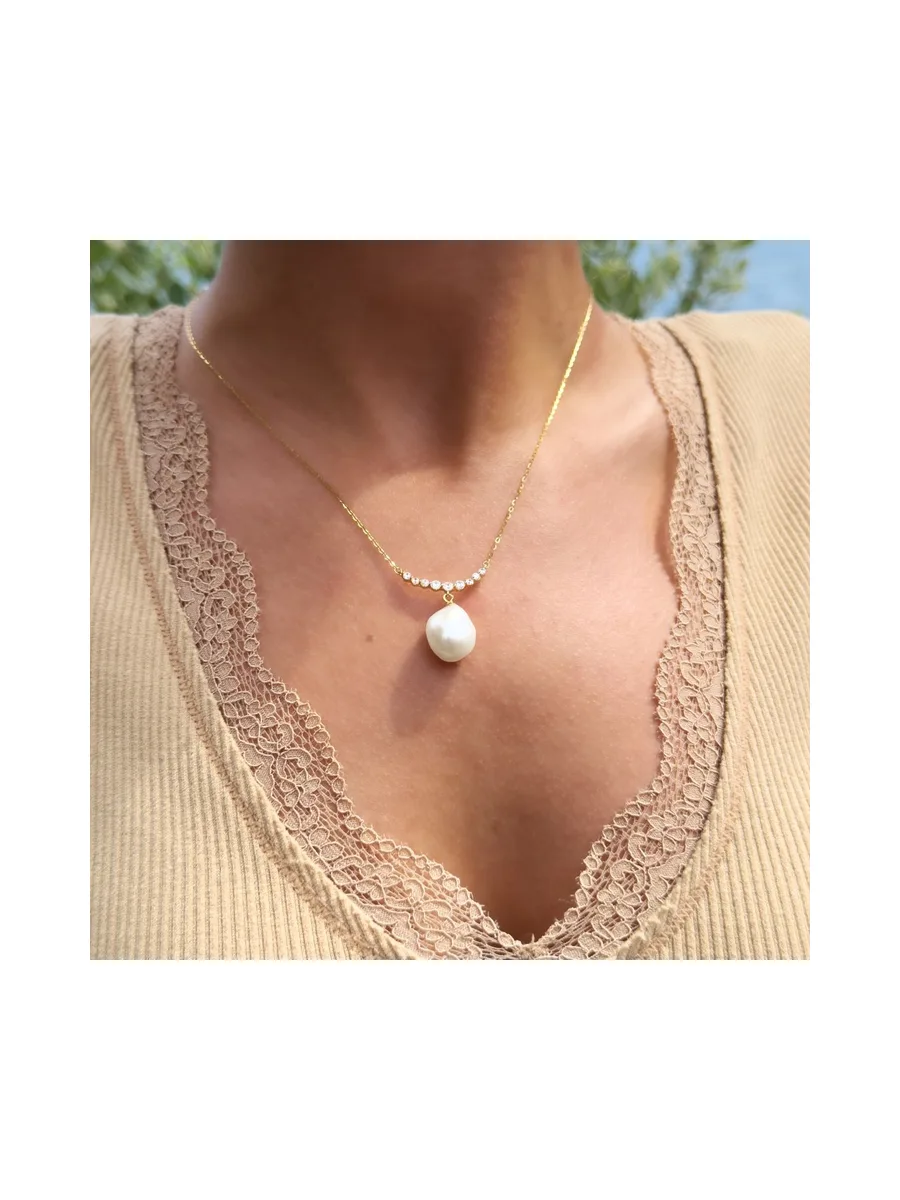 Collier Maille Forçat Véritable Perle de Culture d'Eau Douce Baroque 12 mm — Vermeil — 42 cm 3