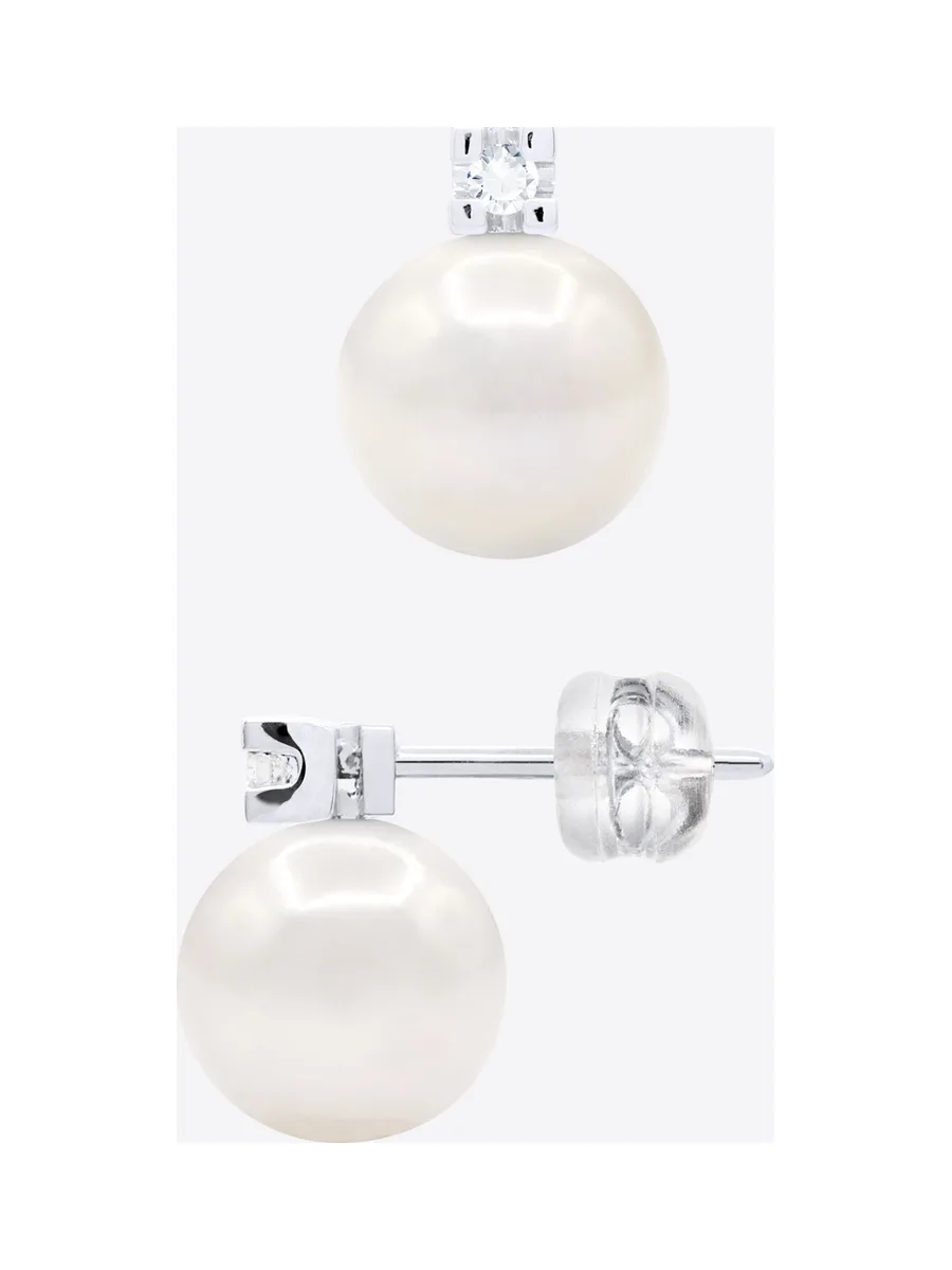 Boucles d'Oreilles Véritables Perles d'Eau Douce 8-9 mm Diamants 0.04 ct — Or Blanc 375 Millièmes 5