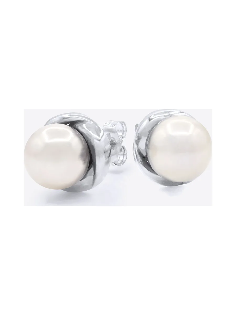 Boucles d'Oreilles Véritables Perles d'Eau Douce Rondes — Or Blanc 375 Millièmes 1