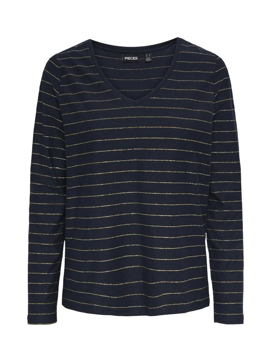 T-shirt Manches Longues Marine/Doré Femme Pieces Milona 2