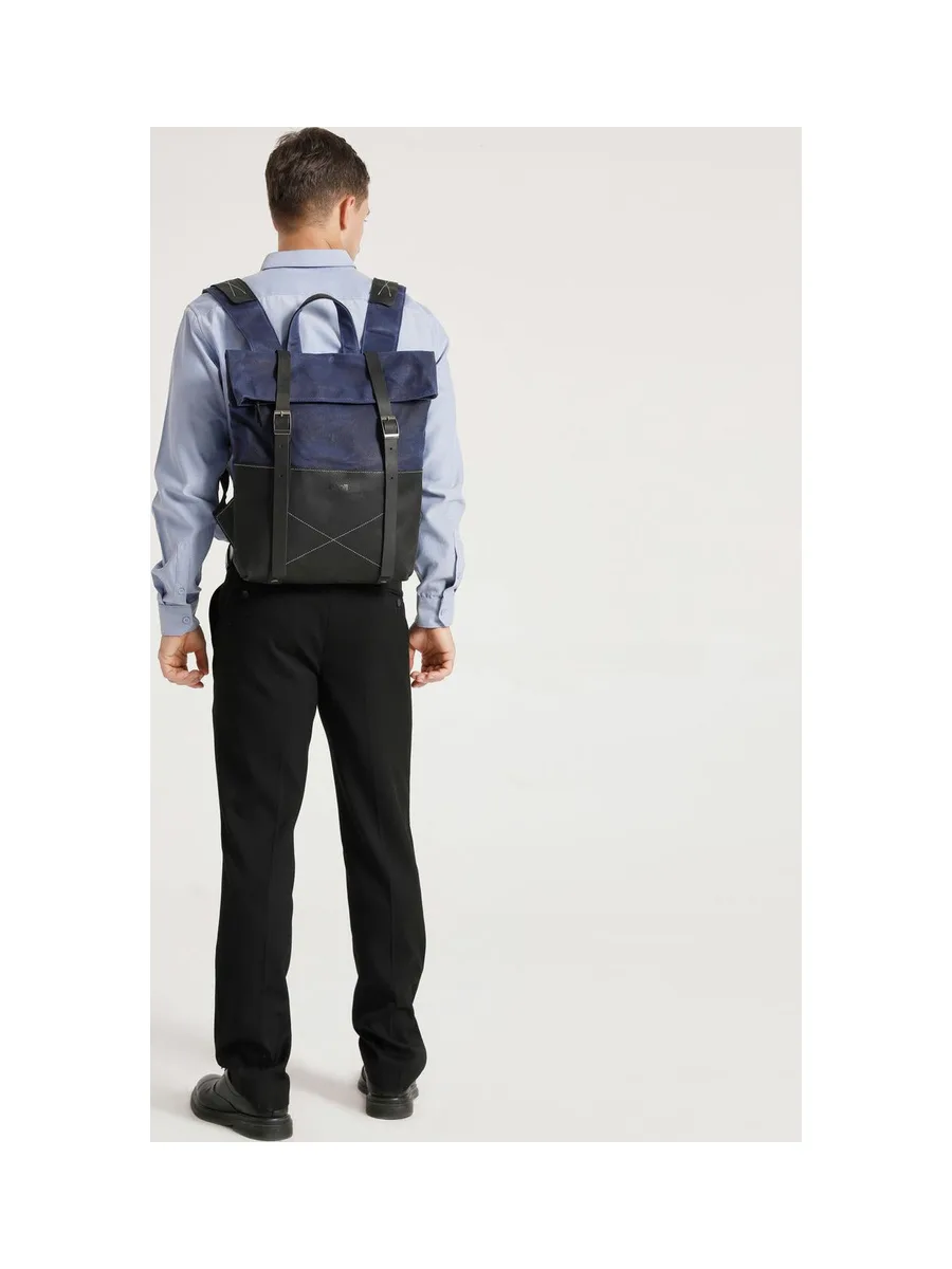 NES - Sac à dos en cuir véritable et toile enduite - Bleu 34