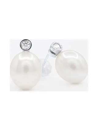 Boucles d'Oreilles Véritables Perles d'Eau Douce 8-9 mm Diamants 0.04 ct — Or Blanc 375 Millièmes 1