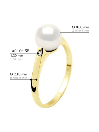 Bague Solitaire Véritable Perle d'Eau Douce Ronde 8-9 mm Diamants 0.02 ct — Or Jaune 375 Millièmes 3