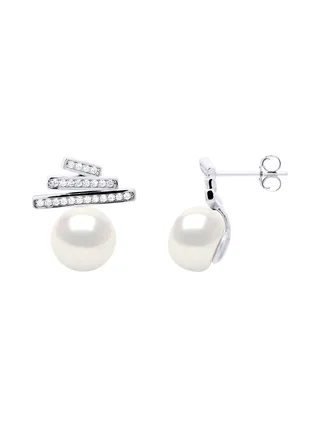 Boucles d'Oreilles Véritable Perle d'Eau Douce Bouton 9-10 mm — Argent 925 Millièmes Rhodié 1