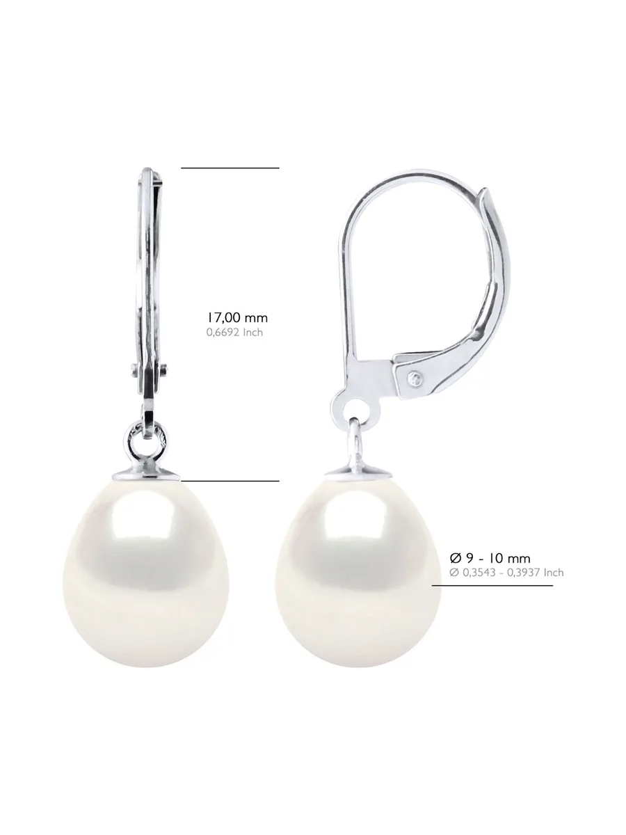 Boucles d'Oreilles Véritables Perles d'Eau Douce Poires 9-10 mm — Or Blanc 375 Millièmes 2