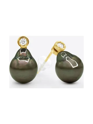 Boucles d'Oreilles Véritables Perles de Tahiti 9-10 mm Diamants 0.04 ct — Or Jaune 375 Millièmes 1