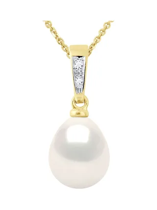 Pendentif Véritable Perle d'Eau Douce Poire 8-9 mm Diamants 0.01 ct — Or Jaune 375 Millièmes 1
