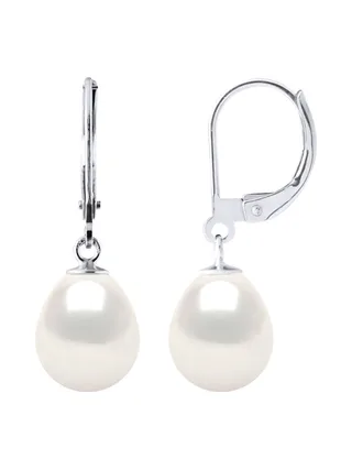 Boucles d'Oreilles Véritables Perles d'Eau Douce Poires 9-10 mm — Or Blanc 375 Millièmes 3