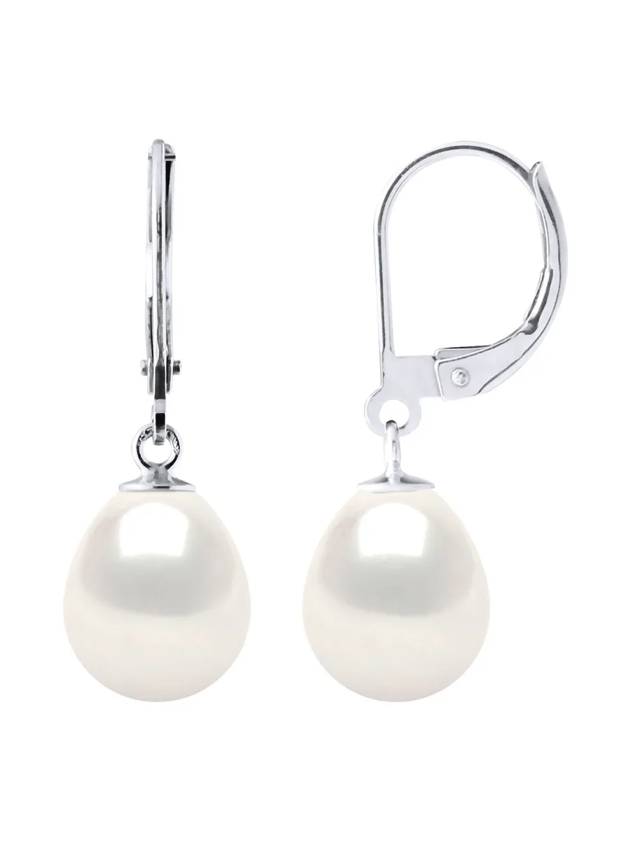 Boucles d'Oreilles Véritables Perles d'Eau Douce Poires 9-10 mm — Or Blanc 375 Millièmes 3