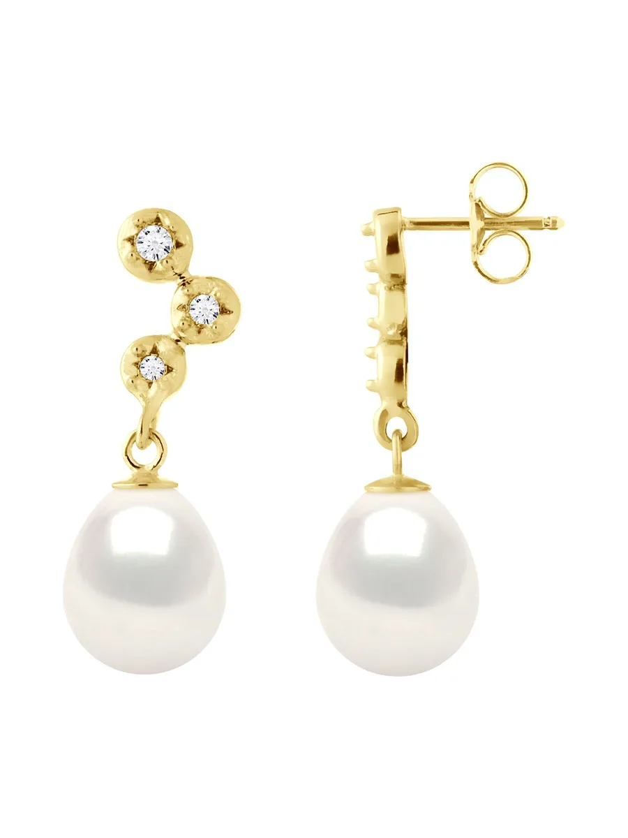 Boucles d'Oreilles Véritables Perles d'Eau Douce 9-10 mm Diamants 0.12 ct — Or Jaune 375 Millièmes 5